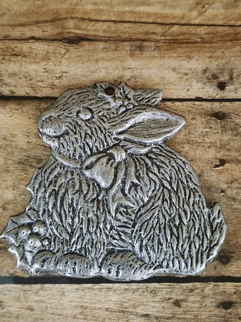 Vintage 1990 Stamped Carson Pewter Christmas Ornament Rabbit with Holly
